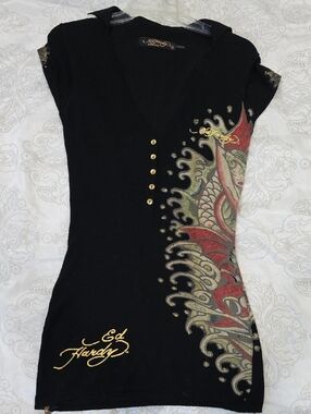 Ed Hardy Black Mini Dress with Red and Gold Dragon Graphic